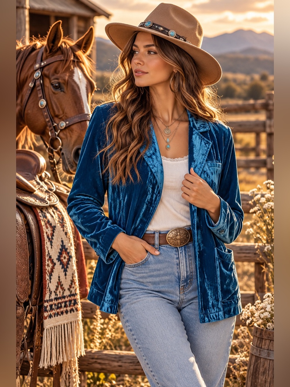 Denim blue velour embroidered horse patchwork western boho coat jacket blazer